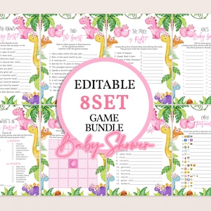 Dinosaur Baby Shower Games Set Its a Girl Cute Dino Jungle Animal Gender Neutral Party Game Bundle Printable Emoji Bingo Word Scramble BS38P