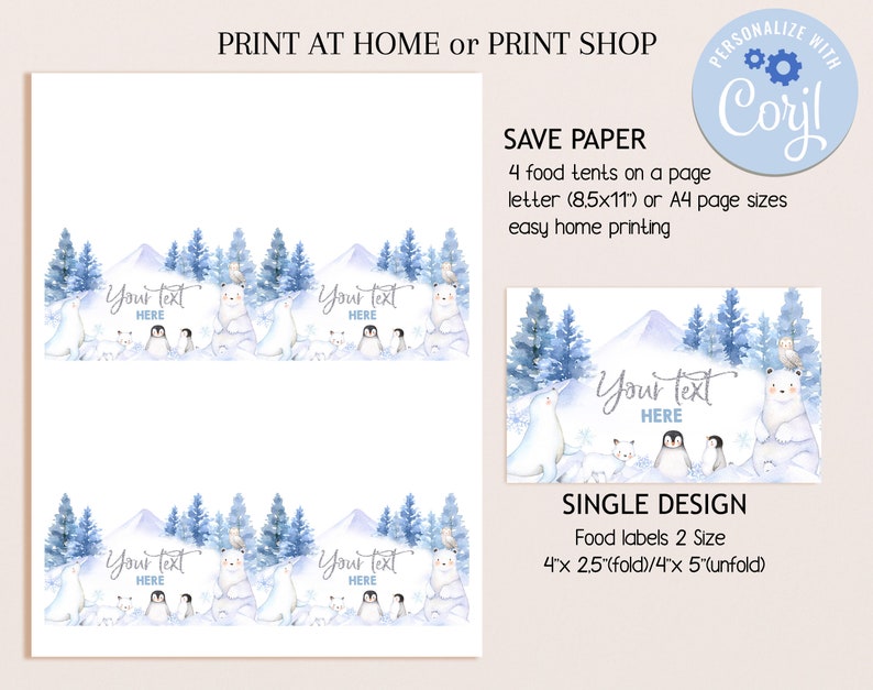 May include: Printable food tent labels featuring a winter scene with polar bears, penguins, and a snowy mountain. The labels are 4 inches by 2.5 inches when folded and 4 inches by 5 inches when unfolded. The text "Your text here" is included on the labels.