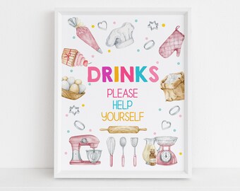 Könnte beinhalten: Ein weißes bedruckbares Schild mit einem rosa, blauen und gelben Aquarelldesign von Backzubehör. Das Schild lautet "DRINKS PLEASE HELP YOURSELF".
