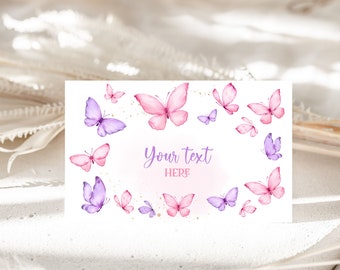 Etiquetas de comida para baby shower de niña con diseño de mariposas, color rosa y morado, para fiestas florales en el jardín, imprimibles, BS36V BT93V
