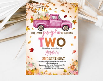 Little Pumpkin Truck Birthday Invitation Fall Pumpkin Patch Invite Girl 2nd Birthday Party Pink Truck Autumn Leaves Harvest EDITABLE AT09P