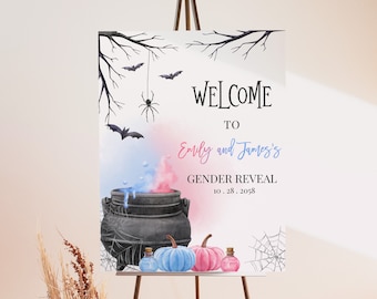 Halloween Gender Reveal Welcome Sign A Baby is Brewing Witch Baby Shower Poster Blue Pink Cauldron Party He or She Porch EDITABLE BS66M