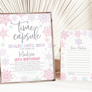 Sneeuwvlok verjaardag tijdcapsule teken Winter Wonderland meisje eerste 1e verjaardagsfeestje decor Winter Onederland roze gastenboek BEWERKBARE BT30P