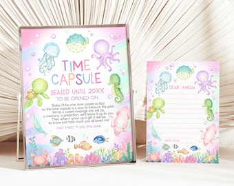 Signe de capsule temporelle d'anniversaire sous la mer, animaux de la mer, fille 1er anniversaire, décoration de fête sous-marine, animaux de la vie marine, livre d'or MODIFIABLE AT07P