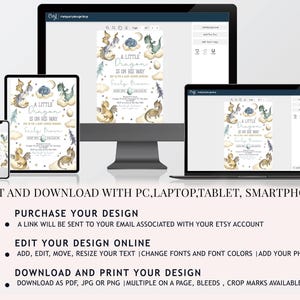May include: Editable baby shower invitation template featuring a watercolor illustration of a blue and green dragon on a cloud with gold stars. The text reads "A Little Dragon Is On His Way".