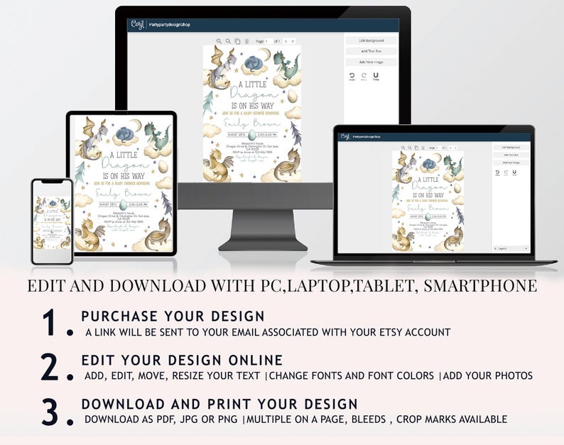 May include: Editable baby shower invitation template featuring a watercolor illustration of a blue and green dragon on a cloud with gold stars. The text reads "A Little Dragon Is On His Way".