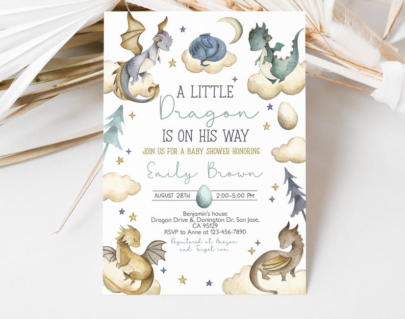 May include: A baby shower invitation with a watercolor illustration of a blue dragon on a cloud. The text reads "A Little Dragon Is On His Way" and includes the date, time, and location of the event.