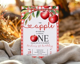 Apple Birthday Invitation, Apple of Our Eye Girl 1st Birthday Party Invite, Fall Apple Picking Orchard, Red Gingham Sweet One EDITABLE AT33R