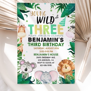 Safari Birthday Invitation Young and WILD THREE Invite Jungle Party Animals Zoo Boy Lion Giraffe EDITABLE Template Instant Download BTD017