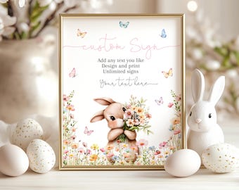Letrero personalizado con diseño de conejito, flores silvestres, mariposas, cumpleaños, baby shower, flores de primavera, rosa, morado, floral, decoración de mesa para fiesta, editable, AS43P, AT72P