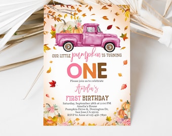 May include: A pink and brown invitation with a watercolor illustration of a pink pickup truck carrying pumpkins. The text reads "Our little pumpkin is turning one. Please join us to celebrate Amelia's First Birthday. Saturday, September 28th at 2:00 PM. Amelia's House. Pumpkin Drive & Donington Dr, San Jose, CA 95129. RSVP to Anne at 123-456-7890."