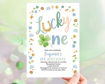 St Patrick's Day Geburtstagseinladung, Lucky One Boy First Bday einladen, Shamrock Regenbogen, grüngoldenes Kleeblatt, Saint Patty Irish EDITABLE BT95B
