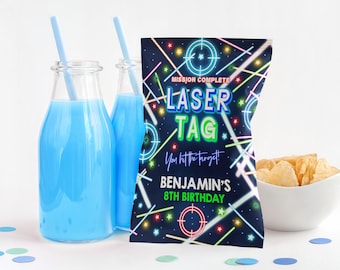 Laser Tag Chip Bag Label Boy Gamer Birthday Decor Kids Lazer Tag Party Snack Treats Bag Neon Glow Blue Rainbow Arcade Game Printable BT63B