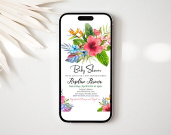 May include: A tropical-themed baby shower invitation with a floral design featuring pink, blue, and yellow flowers. The invitation includes the text "Baby Shower", "Please join us for a baby shower honoring Roseline Brown", "Saturday, April 19th at 2pm", "Jessica's House", "5678 Tropical Ave.", "Las Vegas, Nevada 89109", "RSVP to Anna at 123-456-7890", "Registered at Amazon and Target.com".