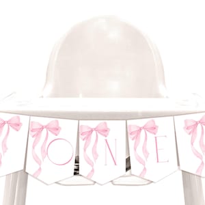 Pink Bow Birthday High Chair Banner Coquette Girl 1st Birthday Bunting Flag Soft Pastel Watercolor Pink Ribbon Party Decor Printable AT63P