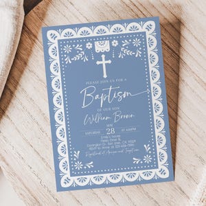 Cielito Lindo Baptism Invitation Papel Picado Invite Invitacion de Bautizo Fiesta Boy Blue Mexican Theme Talavera Terracotta EDITABLE BZ02B