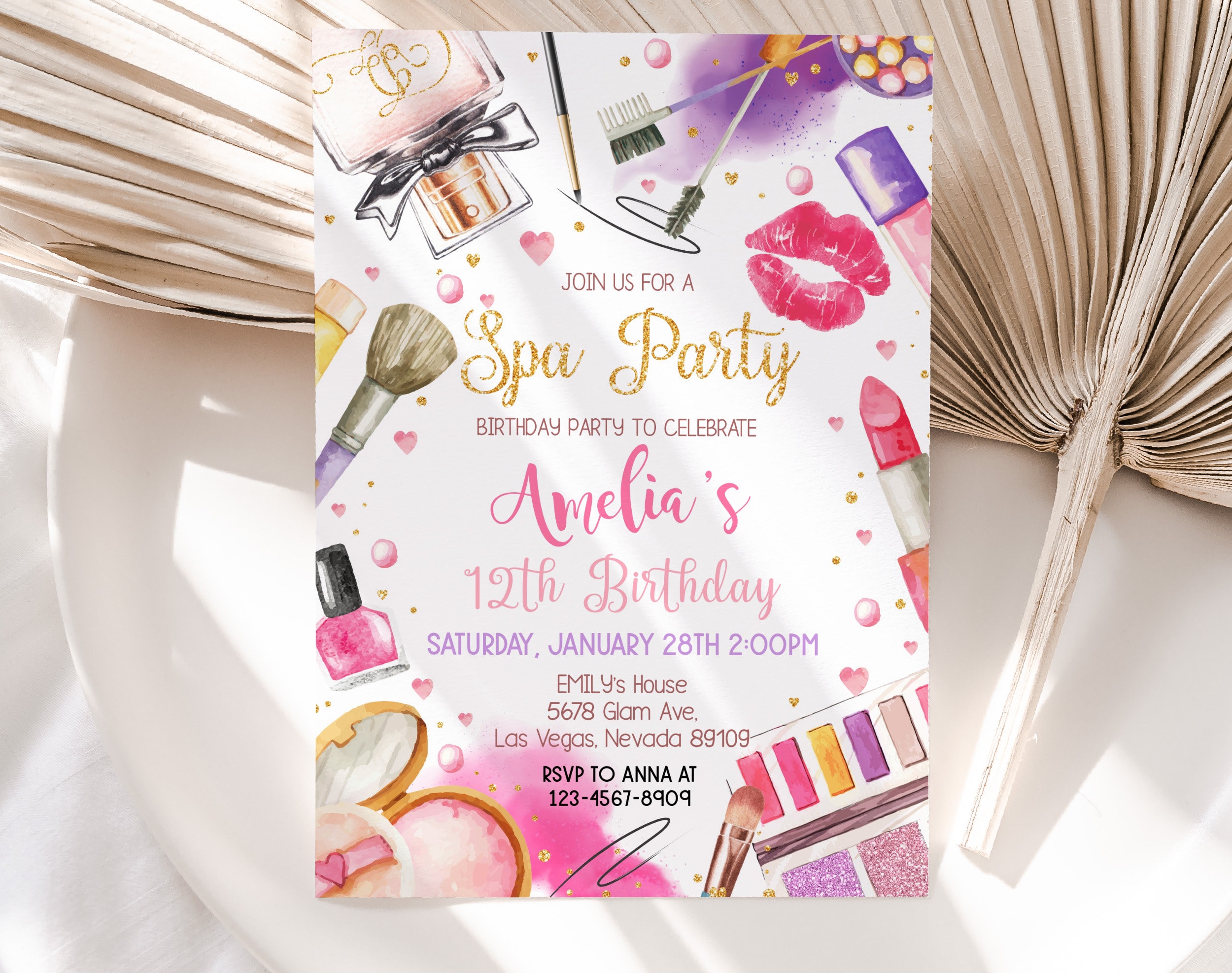 Spa Party Birthday Invitation Girl Makeup Slumber Party Invite Pamper Party Tween Manicure Pedicure Sleepover Glam Mani Pedi EDITABLE BT70