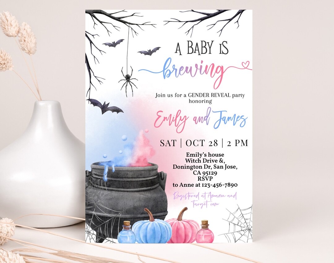 Halloween Gender Reveal Invitation A Baby is Brewing Baby Shower Invite