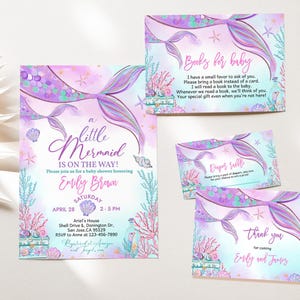 Inbjudningspaket för sjöjungfrubabyshower under havet Inbjudningsset Lilla sjöjungfrun Rosa lila kricka Nyckfullt hav Havsströssel REDIGERBART BS37V bild 1
