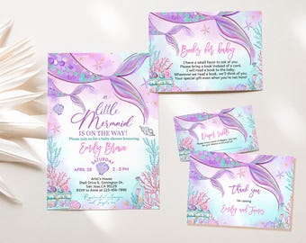 May include: A baby shower invitation with a mermaid theme. The invitation is pink and purple with a mermaid tail and seashells. The text reads "A Little Mermaid is on the Way!" and includes the name "Emily Brown", the date "April 28", and the time "2-5 PM".