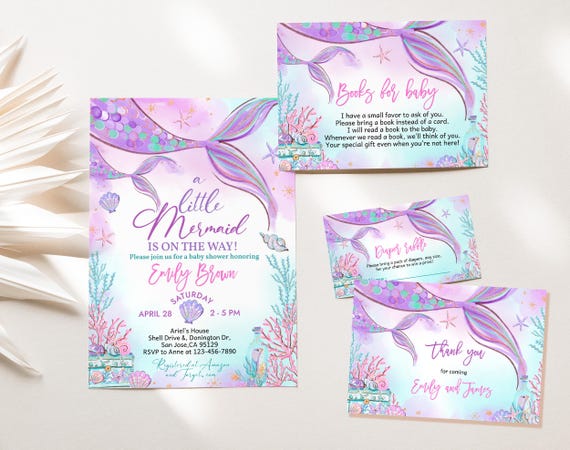 Mermaid Baby Shower Invitation Bundle Under the Sea Invite Set Little Mermaid Pink Purple Teal Whimsical Sea Ocean Sprinkle EDITABLE BS37V