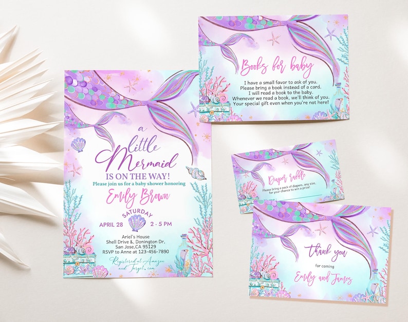 Inbjudningspaket för sjöjungfrubabyshower under havet Inbjudningsset Lilla sjöjungfrun Rosa lila kricka Nyckfullt hav Havsströssel REDIGERBART BS37V bild 1