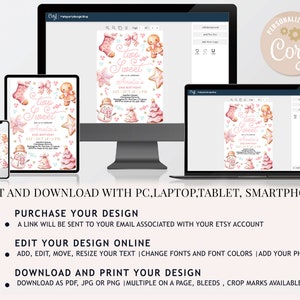May include: A pink and gold printable invitation for a girl's second birthday party. The invitation features a gingerbread man, a snowman, and a Christmas tree. The text on the invitation reads "Two Sweet Amelia's 2nd Birthday".