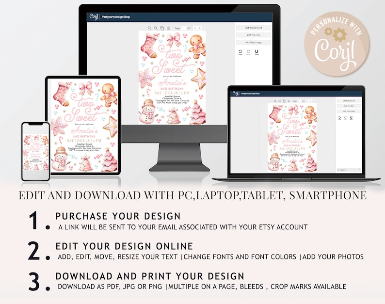 May include: A pink and gold printable invitation for a girl's second birthday party. The invitation features a gingerbread man, a snowman, and a Christmas tree. The text on the invitation reads "Two Sweet Amelia's 2nd Birthday".