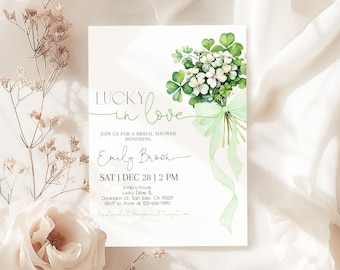 Lucky in Love Irish Bridal Shower Invitation St Patricks Day Invite Shamrock Sage Green Clover Bouquet March Wedding Shower EDITABLE BR06G