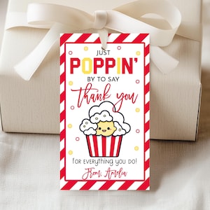 Just Poppin&#39; By To Say Thank You Popcorn Gift Tag Teacher Appreciation Week School Nurse Staff Team Employee Favor Tags Printable TE02R