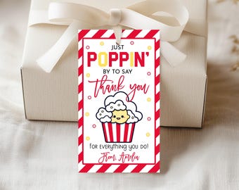 Just Poppin' By To Say Thank You Popcorn Gift Tag Teacher Appreciation Week School Nurse Staff Team Employee Favor Tags Printable TE02R