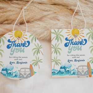 Etiquetas de regalo para baby shower con tema de surf, etiqueta de regalo para el primer cumpleaños de un niño surfeando, etiquetas de agradecimiento para fiesta de verano en la playa, etiquetas imprimibles BS52B AT01B