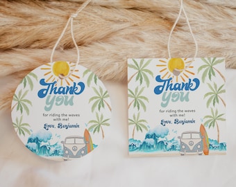 May include: Two thank you tags with a beach theme. The tags feature a sun, palm trees, waves, and a vintage van. The text on the tags reads "Thank you for riding the waves with me! Love, Benjamin".
