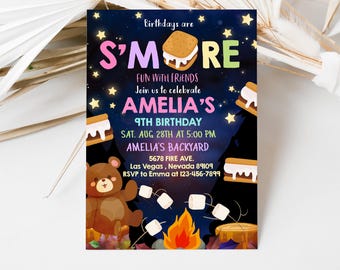 Smore Invitation Birthday Party Bonfire Invite Camp Fun Picnic Fall Outdoor Campfire Printable EDITABLE Instant Download Template BTD015