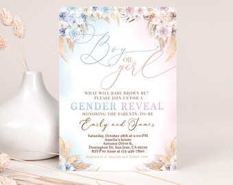 Boho Floral Gender Reveal Invitation Terracotta Baby Shower Invite Bohemian Pampas Grass Fall Couples Coed Shower Boy or Girl EDITABLE BS68M