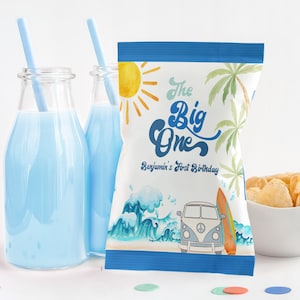 The Big One Surf Geburtstag Chip Tasche Label Boy Surfs Up 1st Birthday Decor Surfing Beach Party Retro Surf Van Snack Snack Printable AT01B