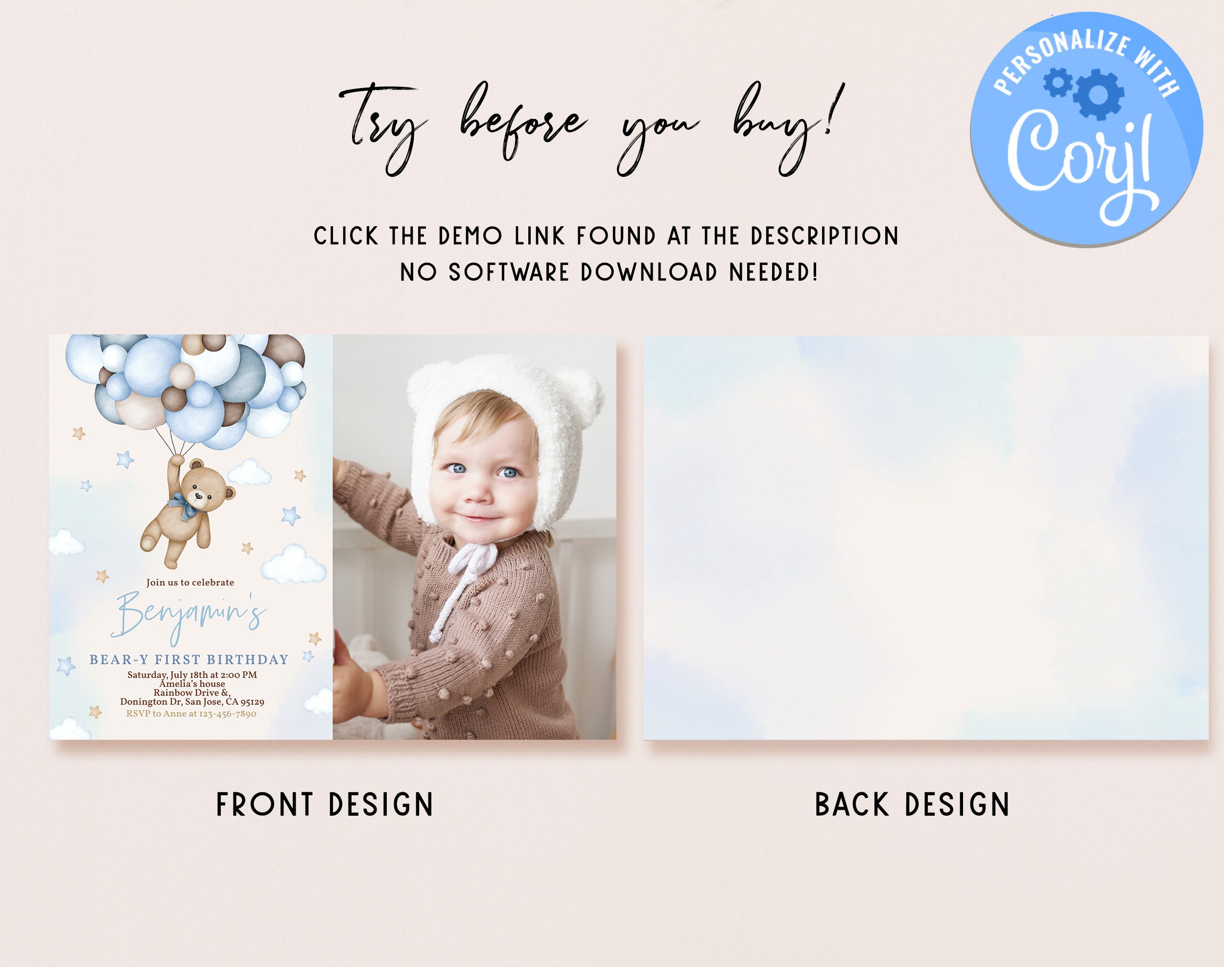 Teddy Bear Birthday Photo Invitation Beary 1st First Birthday Party ...