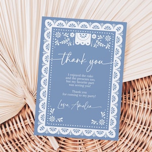 Tarjeta de agradecimiento Cielito Lindo, nota de agradecimiento para baby shower mexicano, decoración para fiesta de bautizo en Talavera azul, papel picado barro imprimible AS42B BP01B