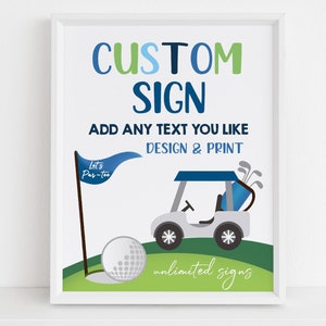 Placa personalizada de aniversário de golfe, placa de mesa para chá de bebê de golfe, decoração para festa de aniversário de menino, vamos jogar golfe, pôster para buracos em um, editável BS46B BT24B