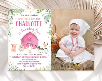 May include: A pink and white farm-themed birthday invitation for a child turning two. The invitation features a pink barn, farm animals, and a green leafy border. The text on the invitation reads "Join us to celebrate OINK, CLUCK, BAA, MOO... CHARLOTTE is turning two" and includes details for the party.