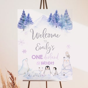 Panneau de bienvenue hiver Onederland pays des merveilles affiche garçon fille 1er anniversaire fête décor ours polaire animaux de l&#39;Arctique porte porche signe MODIFIABLE BT46HV