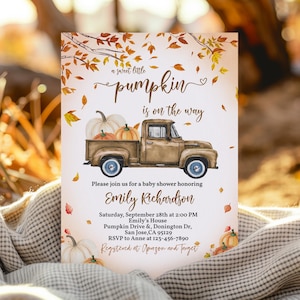 Pumpkin Truck Baby Shower Invitation Little Pumpkin Boho Rustic Gender Neutral Invite Fall Autumn Leaves Pumpkin Patch Party EDITABLE BS28E