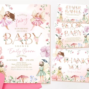 Fairy Baby Shower Bundle Enchanted Forest Magical Floral Garden Tea Party Invitation Suite Girl Gender Neutral Invite Set EDITABLE BS42P
