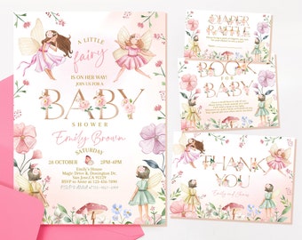 Fairy Baby Shower Bundle Enchanted Forest Magical Floral Garden Tea Party Invitation Suite Girl Gender Neutral Invite Set EDITABLE BS42P
