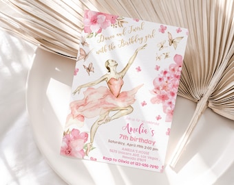 May include: A pink and gold invitation with a watercolor illustration of a ballerina twirling. The invitation is for a 7th birthday party and includes the text "Dance and Twirl with the Birthday Girl".