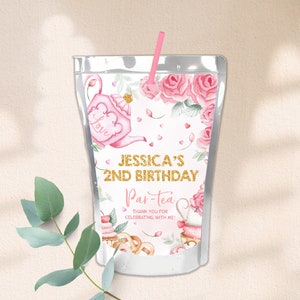 Tea Party Juice Pouch Labels Girl 1st Birthday Decor Gold Blush Pink Floral High Tea Drink Labels Whimsical Garden Par-Tea Printable BT10P