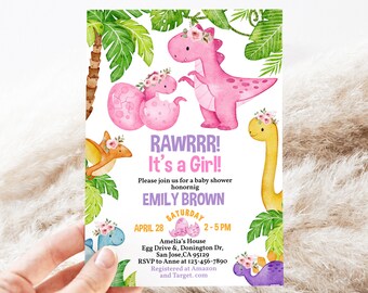May include: A pink and purple baby shower invitation with a cartoon dinosaur and the text "RAWRRR! It's a Girl!"  Please join us for a baby shower honoring Emily Brown. Saturday, April 28, 2-5 PM. Amelia's House, Egg Drive & Donington Dr, San Jose, CA 95129. RSVP to Anne at 123-456-7890. Registered at Amazon and Target.com