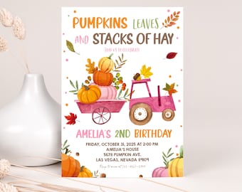 Little Pumpkin Truck Birthday Invitation Fall Pumpkin Patch Invite Girl Pink Truck Party Autumn Leaves Stacks of Hay Harvest EDITABLE BT26P
