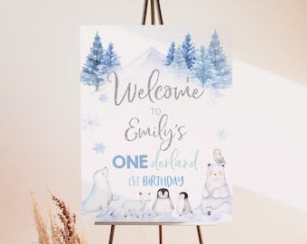 Winter Onederland Welcome Sign Wonderland Poster Boy Girl 1st Birthday Party Decor Polar Bear Arctic Animals Door Porch Sign EDITABLE BT46B