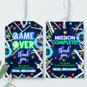Étiquettes laser tag pour cadeau d'anniversaire garçon Gamer, étiquettes pour enfants, fête néon, arc-en-ciel bleu, jeu d'arcade, étiquettes de remerciement imprimables BT63B